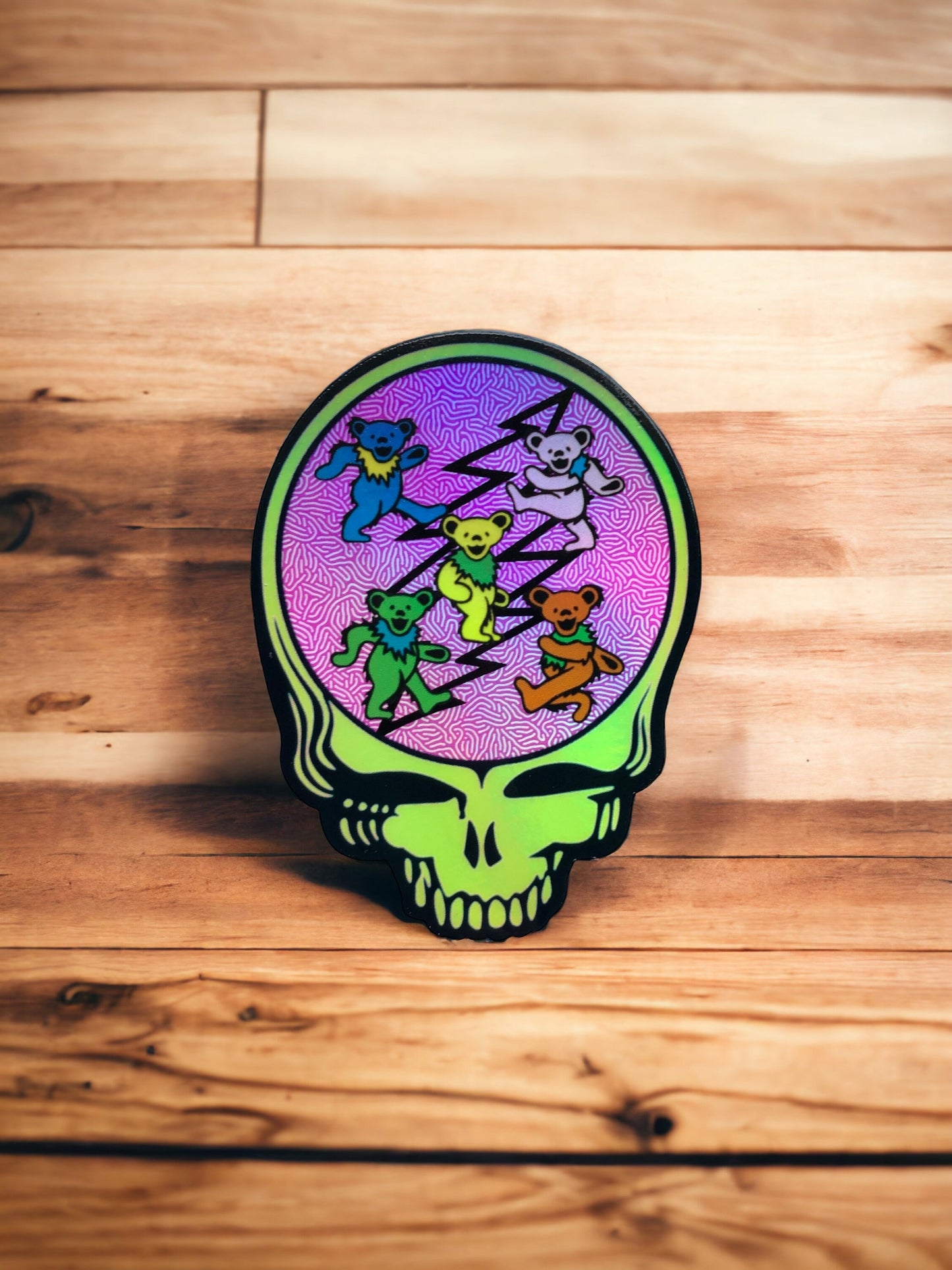 Neon Green Stealie Skull HOLO Decal 3x4 – Grateful Dead UV Sticker