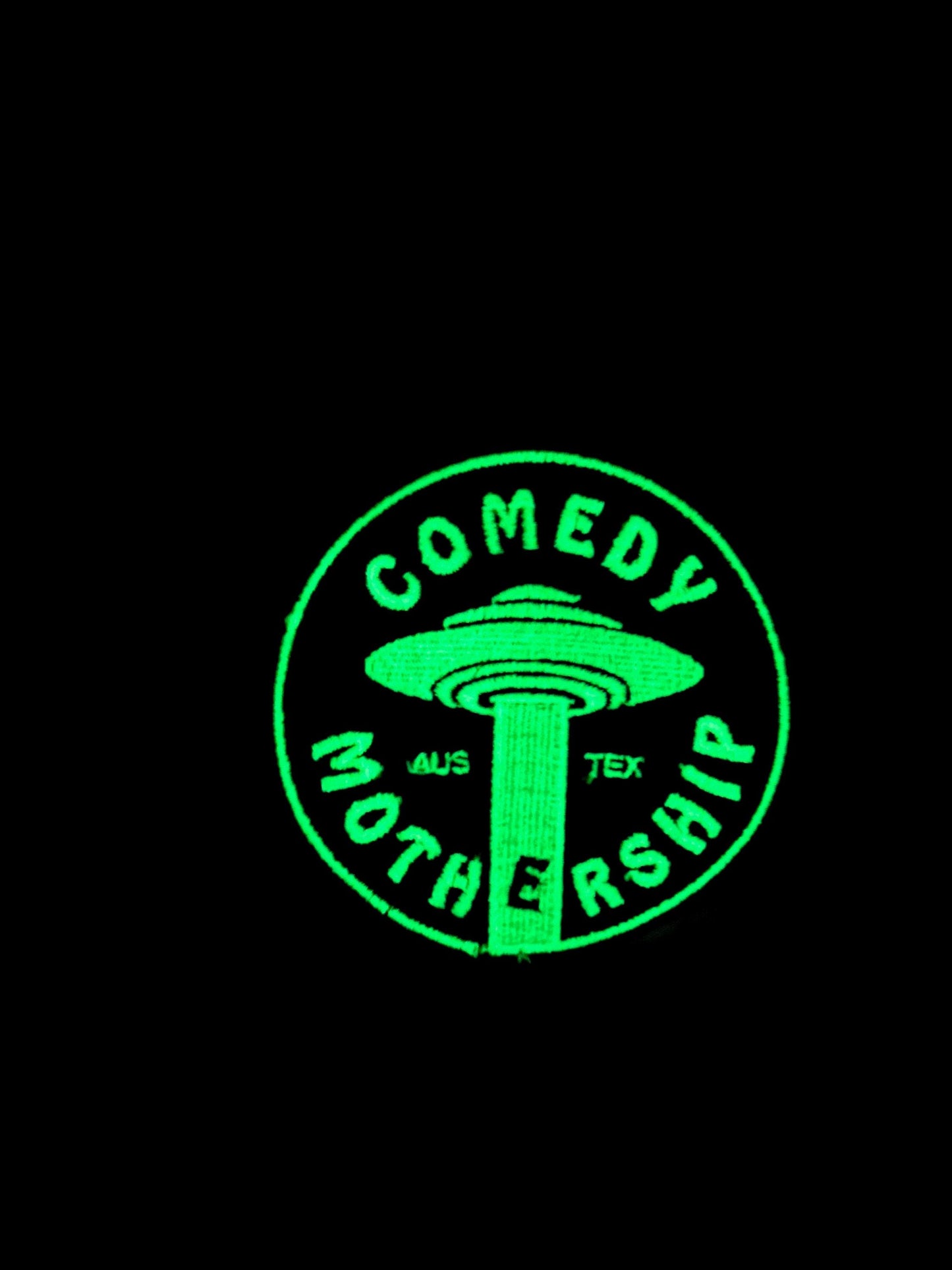 Comedy Mothership Feltie Patch 4” Round Iron On / GLOW / Joe / Austin Texas / Stand Up Comedy