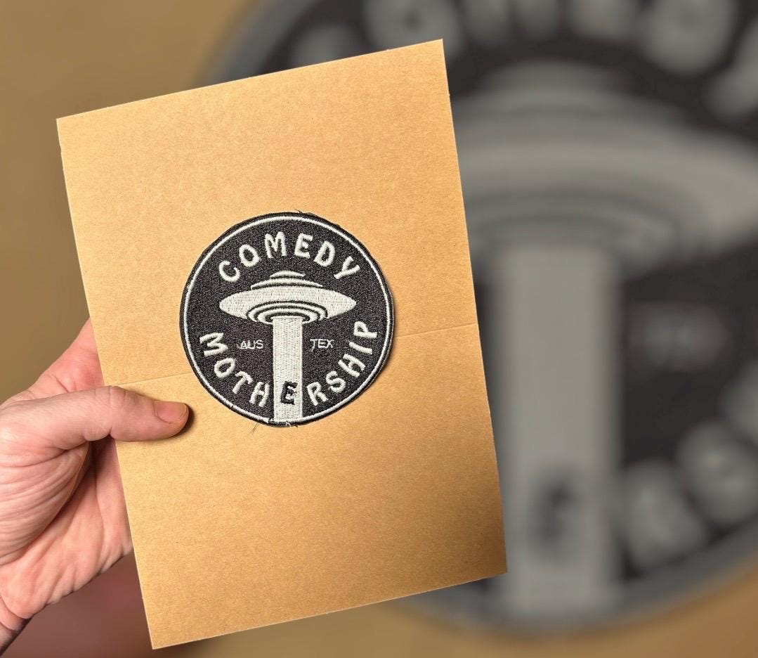 Comedy Mothership Feltie Patch 4” Round Iron On / GLOW / Joe / Austin Texas / Stand Up Comedy