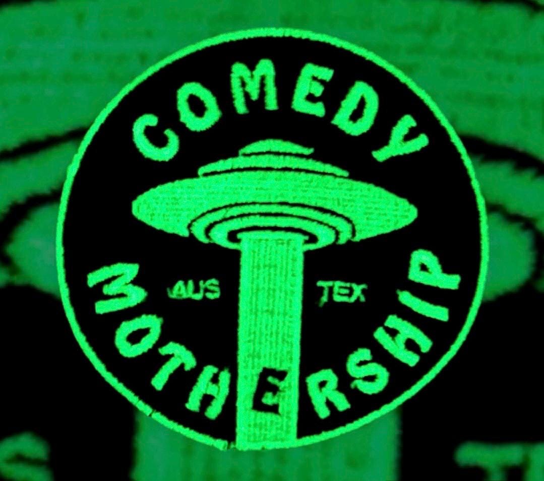 Comedy Mothership Feltie Patch 4” Round Iron On / GLOW / Joe / Austin Texas / Stand Up Comedy