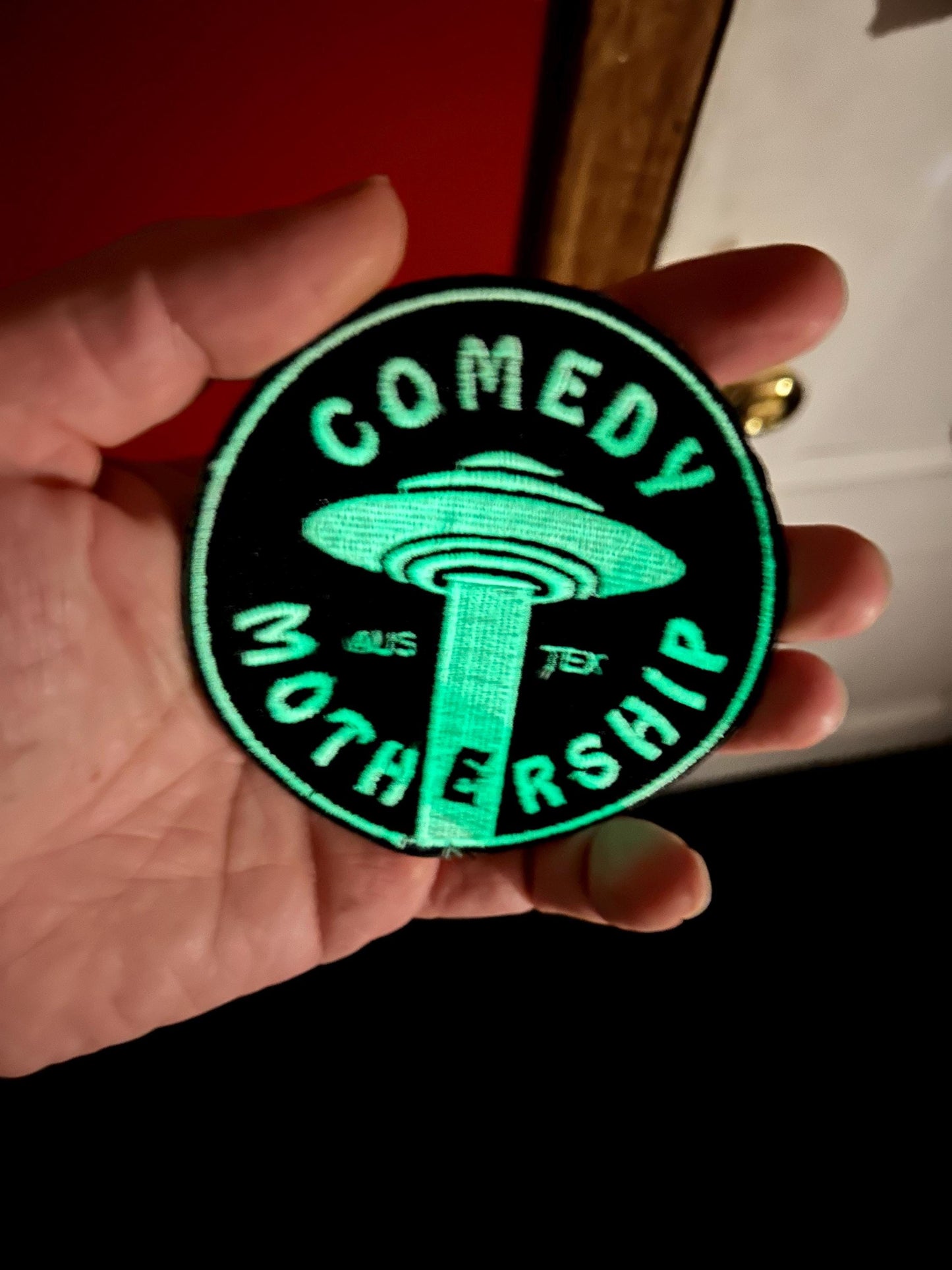 Comedy Mothership Feltie Patch 4” Round Iron On / GLOW / Joe / Austin Texas / Stand Up Comedy