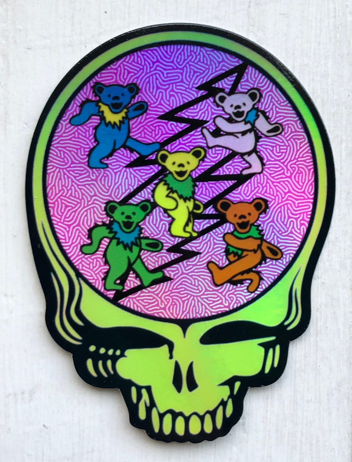 Neon Green Stealie Skull HOLO Decal 3x4 – Grateful Dead UV Sticker