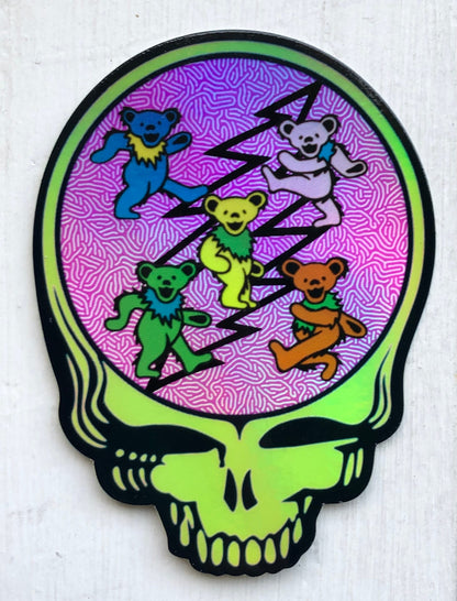 Neon Green Stealie Skull HOLO Decal 3x4 – Grateful Dead UV Sticker