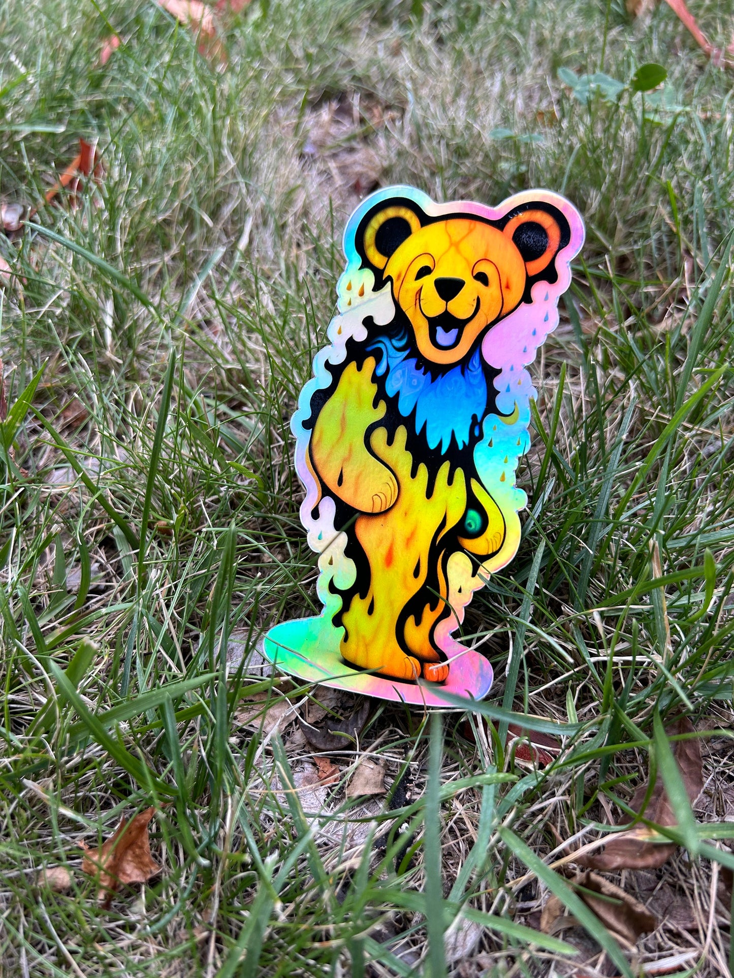 Dancin Bear Electric Yellow / Grateful Dead Decal / Waterproof / UV Resistant / Car Sticker / 2” x 5” inch HOLO / Die Cut / Phone Sticker