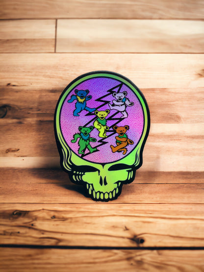Neon Green Stealie Skull HOLO Decal 3x4 – Grateful Dead UV Sticker