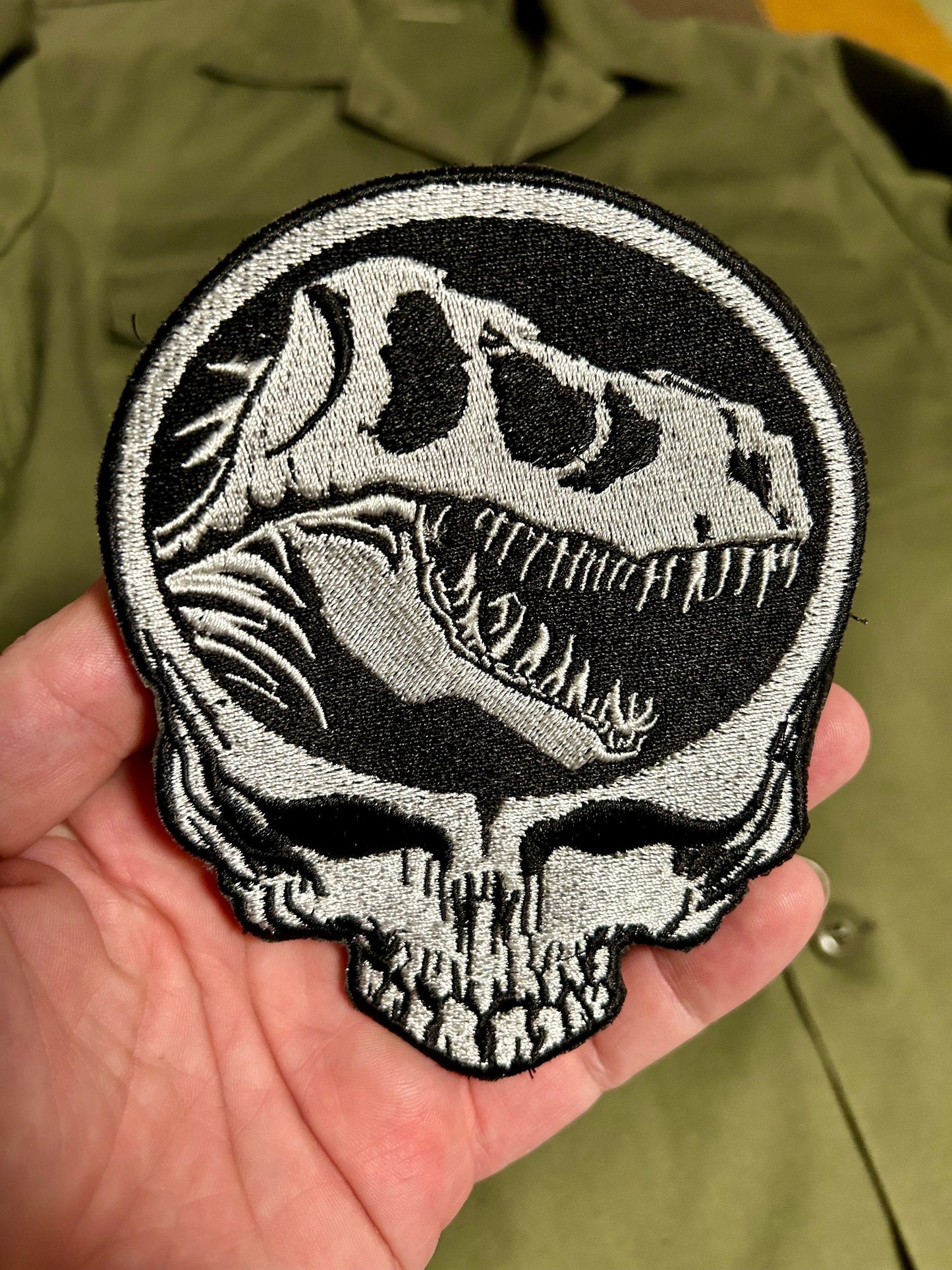 Jurassic Stealie 4.2x 5.5” inch Iron On Patch / Dinosaur Steal Your Face