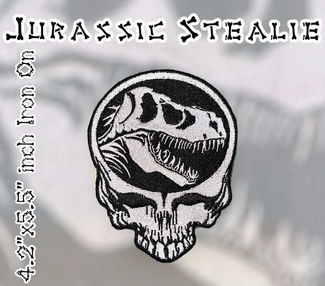 Jurassic Stealie 4.2x 5.5” inch Iron On Patch / Dinosaur Steal Your Face