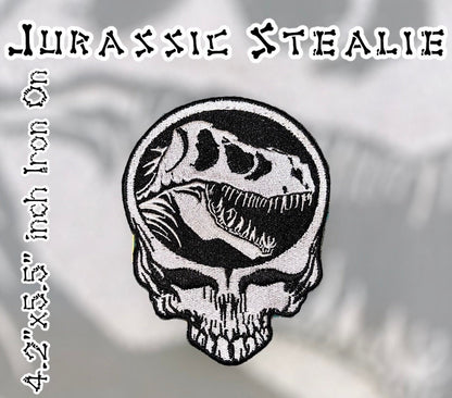 Jurassic Stealie 4.2x 5.5” inch Iron On Patch / Dinosaur Steal Your Face