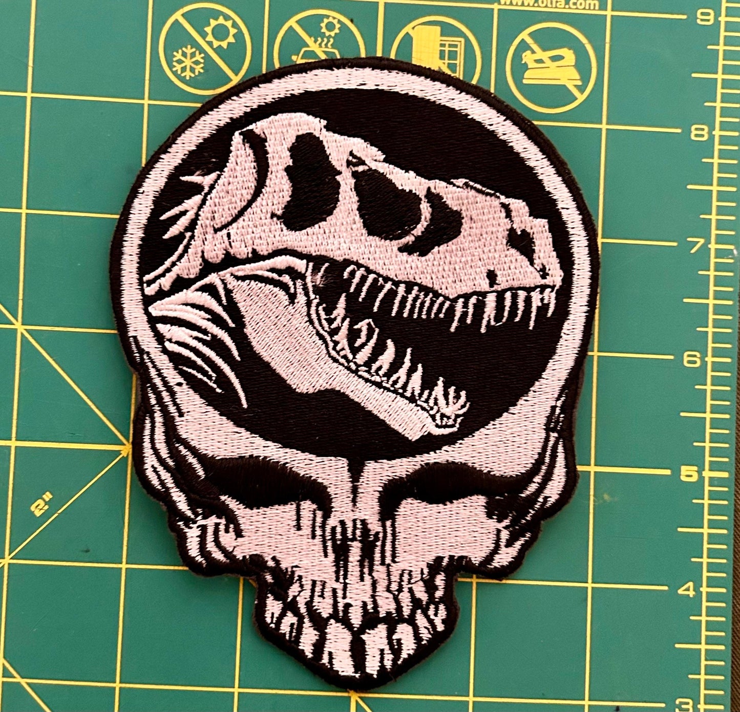 Jurassic Stealie 4.2x 5.5” inch Iron On Patch / Dinosaur Steal Your Face