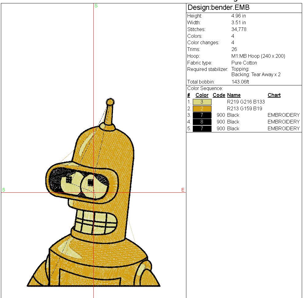 Golden Bender Futurama Embroidery File