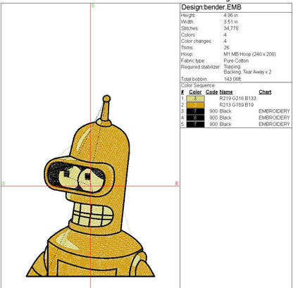 Golden Bender Futurama Embroidery File